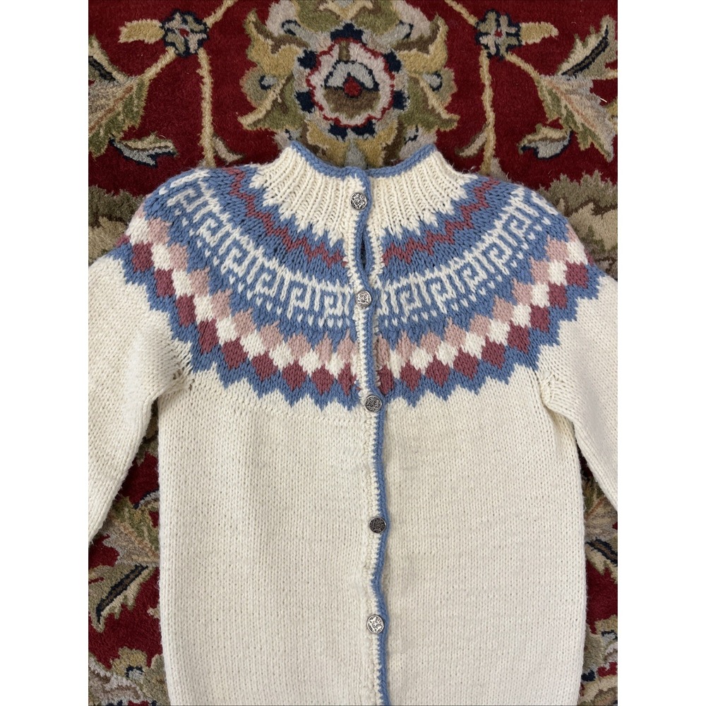 Women's M Ivory Hand Knit Fair Isle Scandinavian Cardigan Sweater Acrylic Wool - Picture 2 of 14